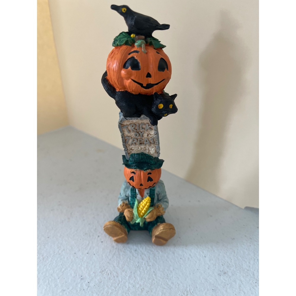 Vintage Halloween Stacked Figurine Jack-O-Lantern Cat Crow Tombstone Decor 5.5"